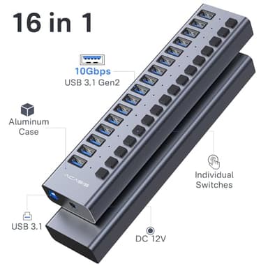 Powered USB 3.1 Hub, ACASIS 16 Ports USB 3.1 Hub with 10Gbps Data Speed，Aluminum Housing, USB Hub Powered with 96W Power Adapter, USB Hub for PC/Laptop, Computer, Flash Drive, Printer, Camera - Image 2
