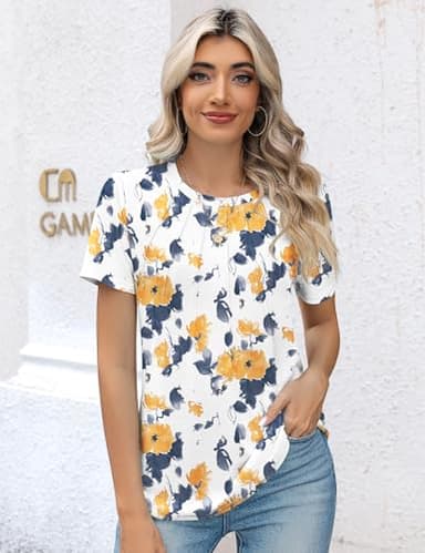 Kistore Women's Yellow Floral Shirts for Women Dressy Casual Short Sleeve Crew Neck Tunic Tops for Leggings L - Image 2