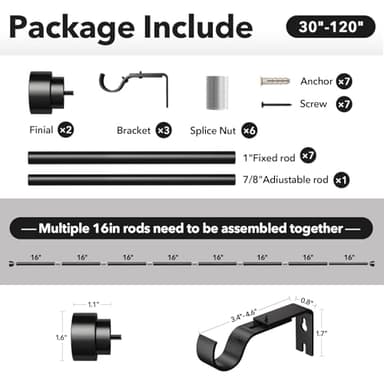IFELS Heavy Duty Curtain Rods for Windows 66 to 120 Inch, 1 Inch Adjustable Black Curtain Rod Set with Easy Installation and Modern Design (A1,Black,30-120") - Image 4
