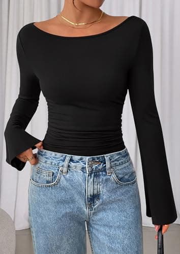 PRETTYGARDEN Women's Long Sleeve Shirts 2025 Fall Crop Going Out Tops Casual Boat Neck Bell Sleeve Ribbed Ruched Y2K Clothes (Black,Small) - Image 8