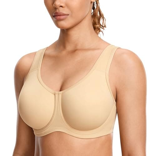 SYROKAN Women's Max Control Underwire Sports Bra High Impact Plus Size with Adjustable Straps Unlined Bra Tan Milkshake 42E - Image 1