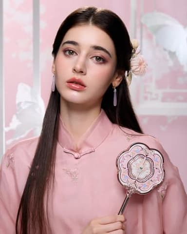 Flower Knows Butterfly Cloud Collar Hand Mirror,Vintage Chinese Round Fan Design,Fancy & Pretty Princess Handheld Mirror with Long Handle,Gift for Girls & Women(Lotus Pink) - Image 4