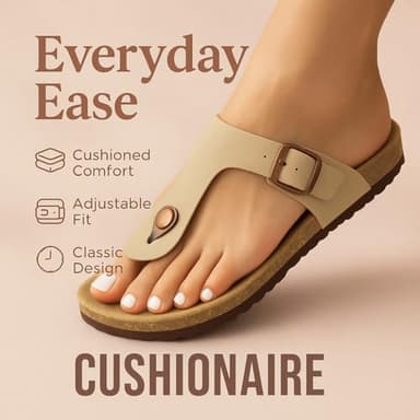 CUSHIONAIRE Leah Thong Womens Sandals - Cork Footbed Flip Flops for Women 2025 with Memory Foam and Adjustable Buckle Strap, STONE 7 - Image 2
