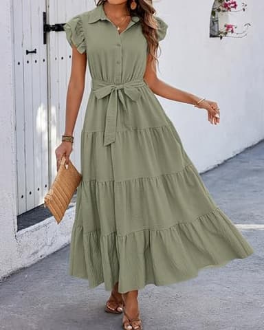dowerme Women's Summer Casual Dresses 2025 Cap Ruffle Sleeve V Neck Button Belted Tiered Boho Maxi Dress with Pockets(Grey Green,Medium) - Image 6