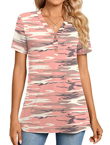 BISHUIGE Womens Henley Tunic Tops Button Up Tshirts Short Sleeve Vneck Casual Blouses, L, Pink Camo - Image 2