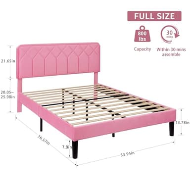 VECELO Full Size Bed Frame Premium Velvet Upholstered Platform with Height Adjustable Headboard/Mattress Foundation, Solid Wooden Slat Support, No Box Spring Needed/Easy Assembly - Image 2