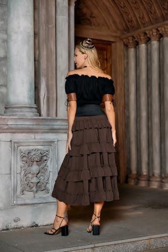 Scarlet Darkness Women Long Skirt Pirate Skirt Victorian Ruffle High Low Skirts Brown M - Image 4