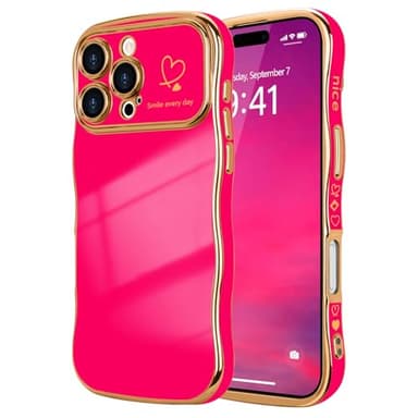 LCHULLE for iPhone 16 Pro Max Case for Women Girls, Cute Wave Frame Curly Shape with Love Heart Raised Camera Protection Cover Luxury Plating Shockproof Phone Case for iPhone 16 Pro Max, Hot Pink - Image 1