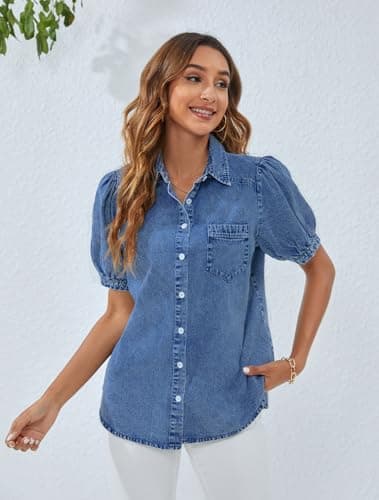 BMJL Womens Denim Shirt Business Casual Button Down Work Blouses Puff Sleeve Summer Tops Blue - Image 2