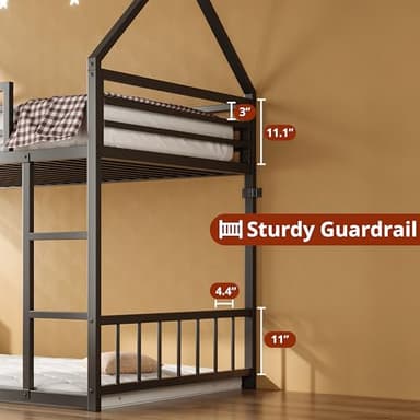LIKIMIO Bunk Bed Twin Over Twin, House Bunk Bed Frame with Ladder and Guardrail, House Shaped with Metal Slats for Dormitory and Bedroom, Space Saving, No Box Spring Needed, Black - Image 5