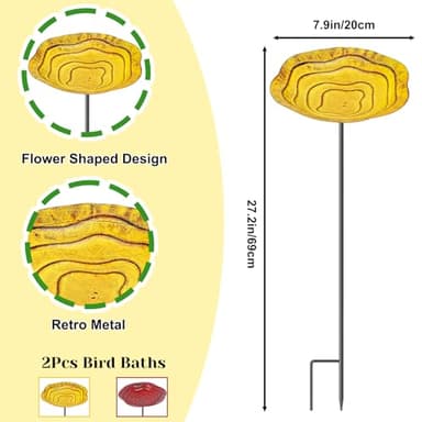 KHayRovies 2Pcs Metal Bird Baths for Outside, Hummingbird Small Birdbath Bowl for Outdoors with Metal Stake, Bird Feeder for Garden Yard Lawn Decor (Red & Yellow) - Image 2