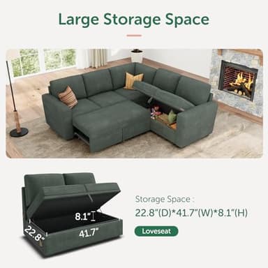 HONBAY Sectional Sleeper Sofa with Pull Out Bed, Corduroy L Shaped Couch with Storage, Modular Sectional Couches for Living Room, Green - Image 5