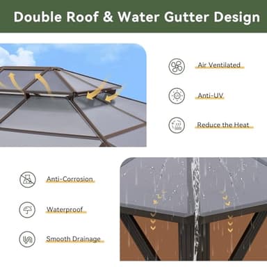 Aoxun 12'x10' Hardtop Gazebo, Aluminum Frame Permanent Pavilion with Curtains and Netting, Outdoor Polycarbonate Double Roof Canopy, Designed for Garden, Lawns, Patio, Brown - Image 8