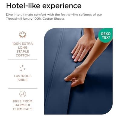 Threadmill Luxury 800 Thread Count King 100% Cotton Sheets - Folkstone Blue Sateen Weave Bed-Sheets, Better Than Egyptian Cotton, 4 Pc Solid Soft Bed Set, Fits 16" Deep Pocket - Image 3