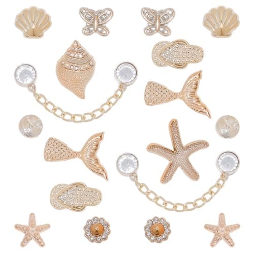 18Pcs Bling Shoe Charms, Gold Conch Starfish Fishtail Shell Slippers Butterfly Shoe Charms Rhinestone Shoe Chain Cute Clogs Shoes Decoration Fashion Party Favors Luxury Jewelry Accessories for Women - Image 1