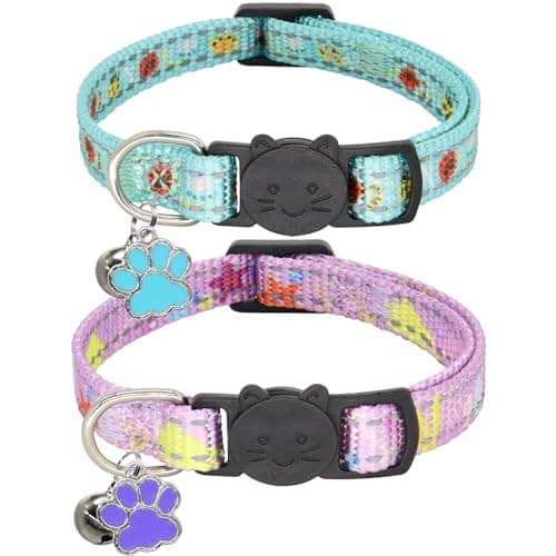 Giecooh 2 Pack Reflective Cat Collar, Breakaway Adjustable Cat Collar with Bells,Safety Buckle Collars for Boys and Girls Cats, Pawprints+Starfish - Image 1