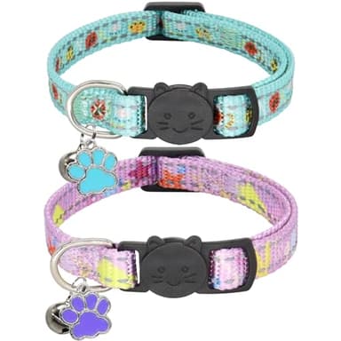 Giecooh 2 Pack Reflective Cat Collar, Breakaway Adjustable Cat Collar with Bells,Safety Buckle Collars for Boys and Girls Cats, Pawprints+Starfish - Image 1