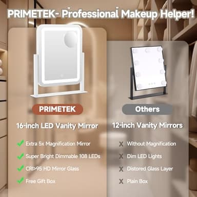 PRIMETEK Vanity Mirror with Lights, 16"x14" Large LED Lighted Makeup Mirror, Hollywood Makeup Mirror, Touch Screen, 3-Color Lighting, 5X Magnification, for Vanity Desk Tabletop, Bedroom, White - Image 6