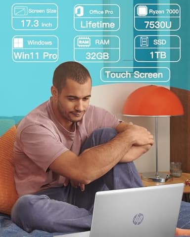 HP 17-inch Touchscreen Business Laptop - 17.3" Display, MS Office Lifetime, W/CD.DVD Drive, AMD Ryzen 5 7530U(Beats i7-1165G7, Up to 4.5Ghz), 32GB RAM 1TB SSD, Windows 11 Pro, Numeric Keypad - Image 2