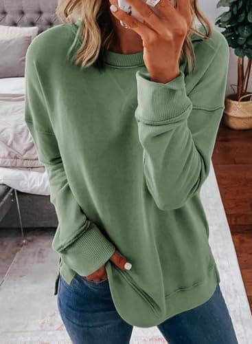 Dokotoo Womens Casual Oversized Long Sleeve Round Neck Sweatshirt Side Split Loose Fit Solid Basic Pullover Tunic Shirts Tops Ladies Sweatshirts for Women 2025 Fashion Fall Spinach Green XLarge - Image 2
