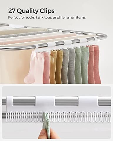SONGMICS Clothes Drying Rack, with Sock Clips, Metal Laundry Rack, Foldable, Space-Saving, Free-Standing Airer, with 2 Height-Adjustable Gullwings, Indoor Outdoor Use, Silver and White ULLR052W01 - Image 7