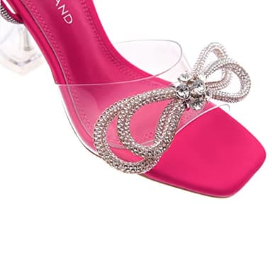 Shoe Land Women’s Clear Rhinestone Bow Heels – Double Bowknot & Adjustable Ankle Strap | Crystal Stiletto High Heels with Square Open Toe for Wedding & Party ClearFuchsia, Size 8.0, SL-Naomi - Image 3