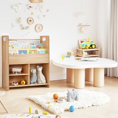 VECELO Wooden Children’s Bookshelf - Kids Book Organizer with 3-Tier Display and 2-Tier Storage Compartments, Easy-to-Access Toddler Bookcase for Playroom, Bedroom, or Nursery - Teak - Image 13