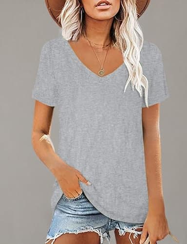 Elesomo Women Tops Casual Short Sleeve V Neck Curved Hem Cotton Tee Shirts, Grey XL - Image 6