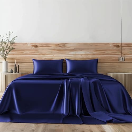 Candoury Satin Sheets Bed Set 4 Pcs, King Size Silky Bedding Set, Soft and Durable Pillowcase, Flat Sheet and Fitted Sheet, Hotel Luxury Bed Sheets Set(King, Navy Blue) - Image 1