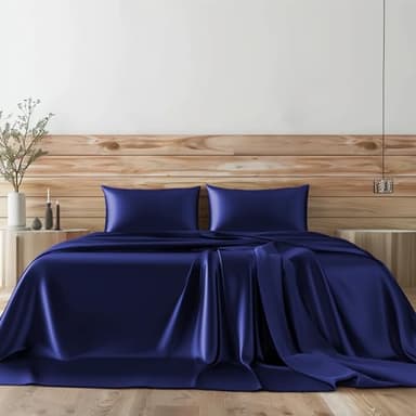 Candoury Satin Sheets Bed Set 4 Pcs, King Size Silky Bedding Set, Soft and Durable Pillowcase, Flat Sheet and Fitted Sheet, Hotel Luxury Bed Sheets Set(King, Navy Blue) - Image 1