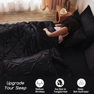 MR&HM Satin Comforter Queen 7 Pieces - Luxurious Pinch Pleat Bedding Set with Comforter, Flat Sheet, Fitted Sheet, Pillowcases & Shams, Super Silky Soft Bed Set for All Season (Queen, Black) - Image 6
