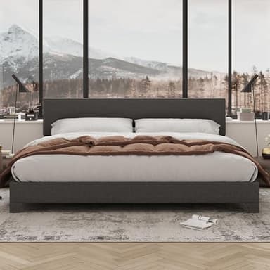 Allewie King Size Bed Frame with Adjustable Headboard, Upholstered Platform Bed with Wood Slats, Heavy Duty Mattress Foundation, No Box Spring Needed, Noise-Free, Easy Assembly, Dark Grey - Image 3