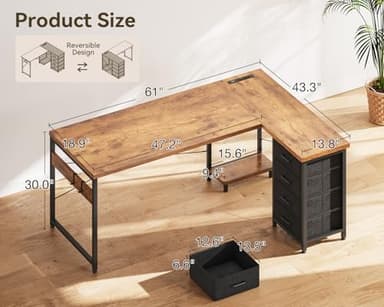 ODK 61'' L Shaped Desk with 4 Drawers, Reversible Corner Desk with Storage, Gaming Table with Power Outlets, USB Ports, PC Case Shelf, Computer Desk for Home Office, Study, Easy Assembly, Vintage - Image 3