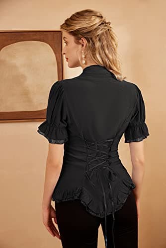 Black Dressy Blouse for Women Short Sleeve Button Down Shirt Summer Work Tops Black 3XL - Image 4