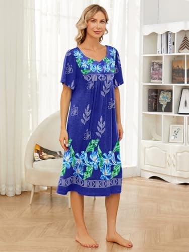 udforsk Moo Moos for Women House Dresses for Women with Pockets Mumu Duster Housecoat Short Sleeve Patio Dress Blue Flower M - Image 5