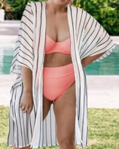 Swim Cover Up for Women Stripe Pattern Bikini Kimono Bathing Cardigan Beach Wrap Dress(07-Black and White Stripe,XL) - Image 5