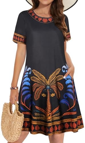 Summer Dresses for Women Casual Short Sleeve Loose Beach Cover Up Scoop Neck Floral Sundress with Pockets(Black Bay Tree, S) - Image 1