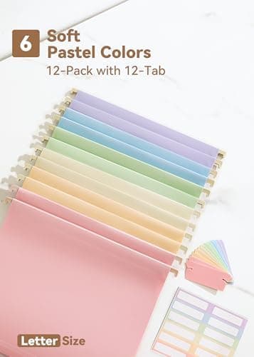 Plastic Hanging File Folders Letter Size, 12 Pack Pastel Hanging Folders, with Insertable 1/5-Cut Tabs for Filing Cabinets - Image 4