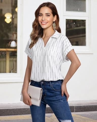 Timeson Summer Blouses for Women 2024: Short Sleeve Office Work Clothes - Womens Tops Dressy Casual - Business Professional Attire Ladies Dress Shirts V Neck Elegant Loose Fit Peasant White Striped L - Image 4