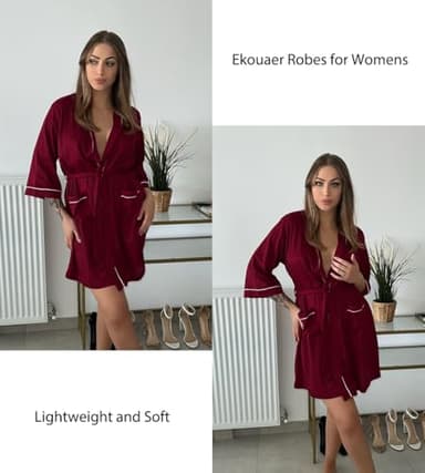 Ekouaer Women Robes Waffle Knee Length Bathrobe Lightweight Soft Sleepwear V neck 3/4 Sleeve Casual Ladies Loungewear Wine Red S - Image 3