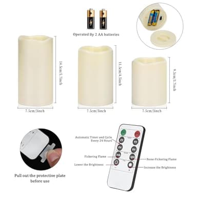Artmarry Flameless Candles 4" 5" 6" Set of 3 Ivory Outdoor Indoor Pillars 3" Diameter Battery Operated Flickering Candles Include 10-Key Remote Timer Function 400+ Hours Requires 2 AA Batteries - Image 4