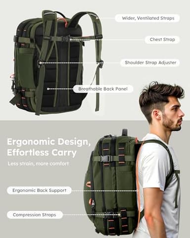 Tolaccea Travel Backpack, TSA Friendly Flight Approved Carry-on Luggage Water-resistant Business Rucksack, Durable Large Computer Bag Daypack Fits 15.6 Inch Laptop, 35-45L Expandable - Green - Image 8