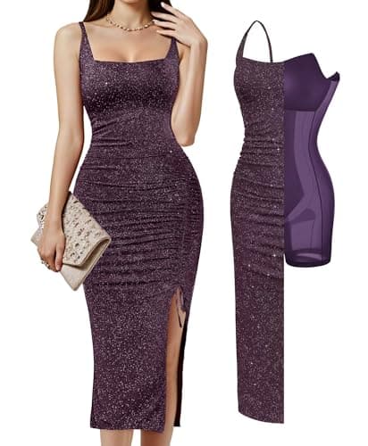 Popilush Sparkly Cocktail Dresses for Women Shapewear Formal Wedding Guest Dress Fall Square Neck Ruched Midi Dress Side Slit Purple - Image 1