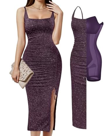 Popilush Sparkly Cocktail Dresses for Women Shapewear Formal Wedding Guest Dress Fall Square Neck Ruched Midi Dress Side Slit Purple - Image 1