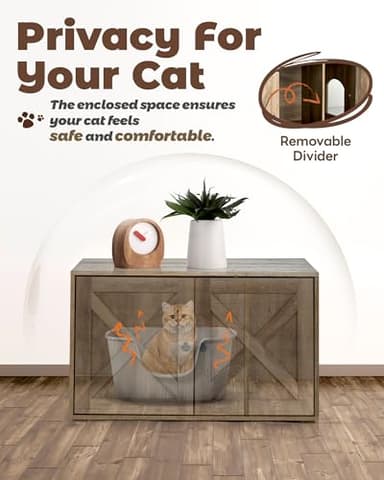 Upolana Cat Litter Box Enclosure, 32 inch Hidden Litter Box Furniture with Divider, Wooden Kitty Litter Box Cabinet End Side Table, Greige - Image 3