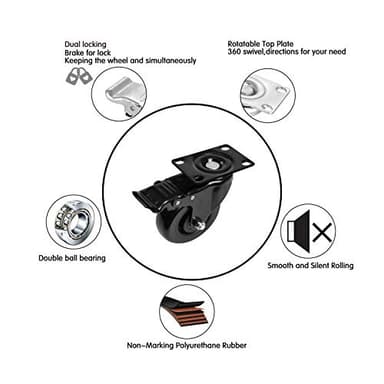 Moogiitools 4" Swivel Rubber Caster Wheels with Safety Dual Locking Heavy Duty 1800lbs Casters Set of 4 Black (All with Brake) - Image 3