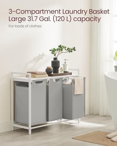 VASAGLE Laundry Hamper, Laundry Basket, Laundry Sorter with 3 Pull-Out and Removable Bags, Shelf, Metal Frame, 3 x 10.6 Gallons (40 L), 36.4 x 13 x 28.4 Inches, Dove Gray and Cloud White UBLH301W03 - Image 3