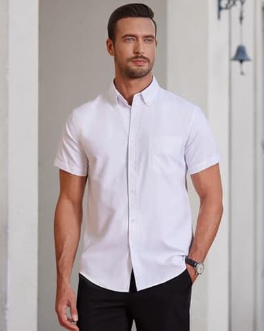 Alimens & Gentle Mens Short Sleeve Oxford Shirt Regular Fit Button Down Collar Shirts with Pocket, White, Large - Image 4