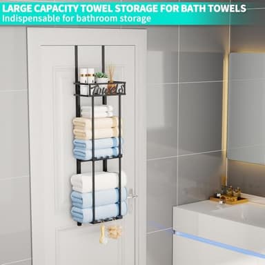 HapiRm Towel Rack Bathroom Storage - 3 Tier Over The Door & Wall Mounted Rolled Towel Racks Holder Organizer with Metal Shelf and 6 Hooks for Small Bathroom, Camper, Rv - Black - Image 3