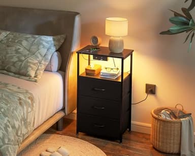 Casaottima Night Stand Set 2, Bedside Tables with Charging Station, LED Nightstand with Fabric Drawers, End Table with Open Shelf, Nightstand for Bedroom, Black - Image 2